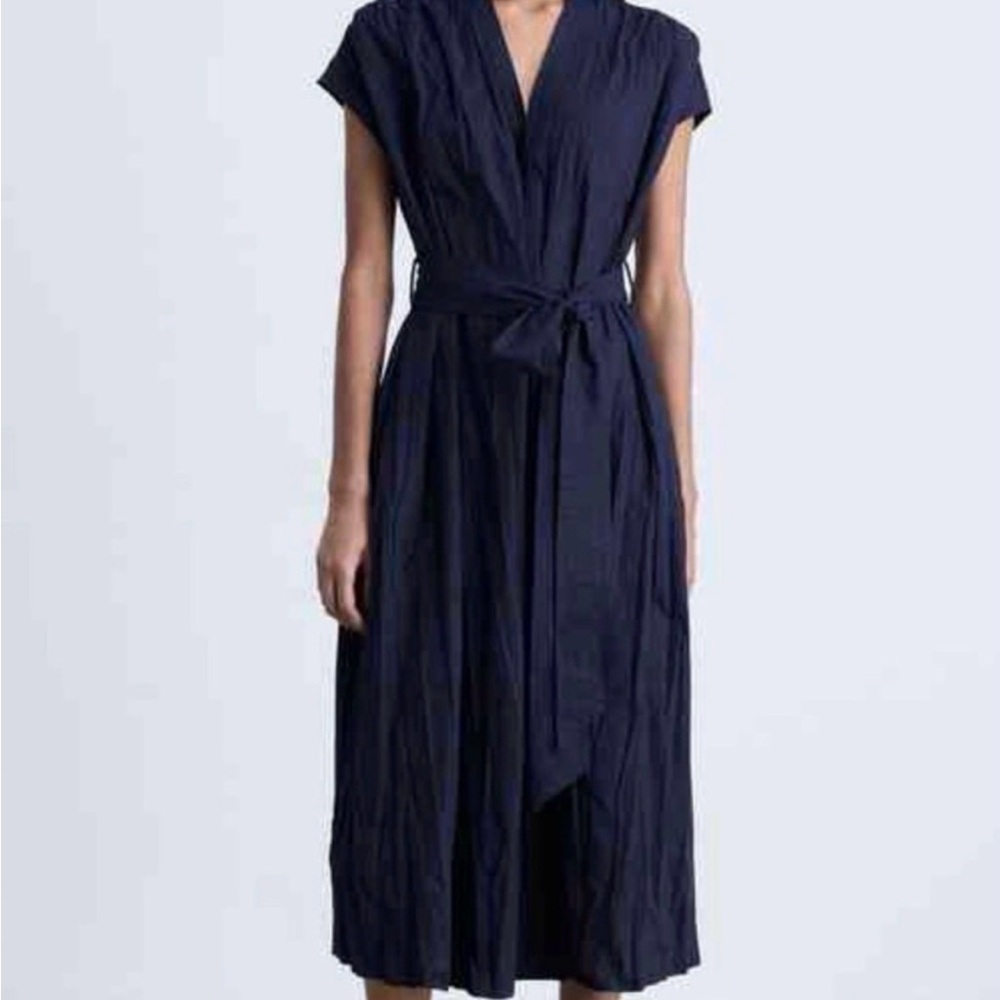 Mango Navy Wrap-Style Midi Dress with Tie Waist